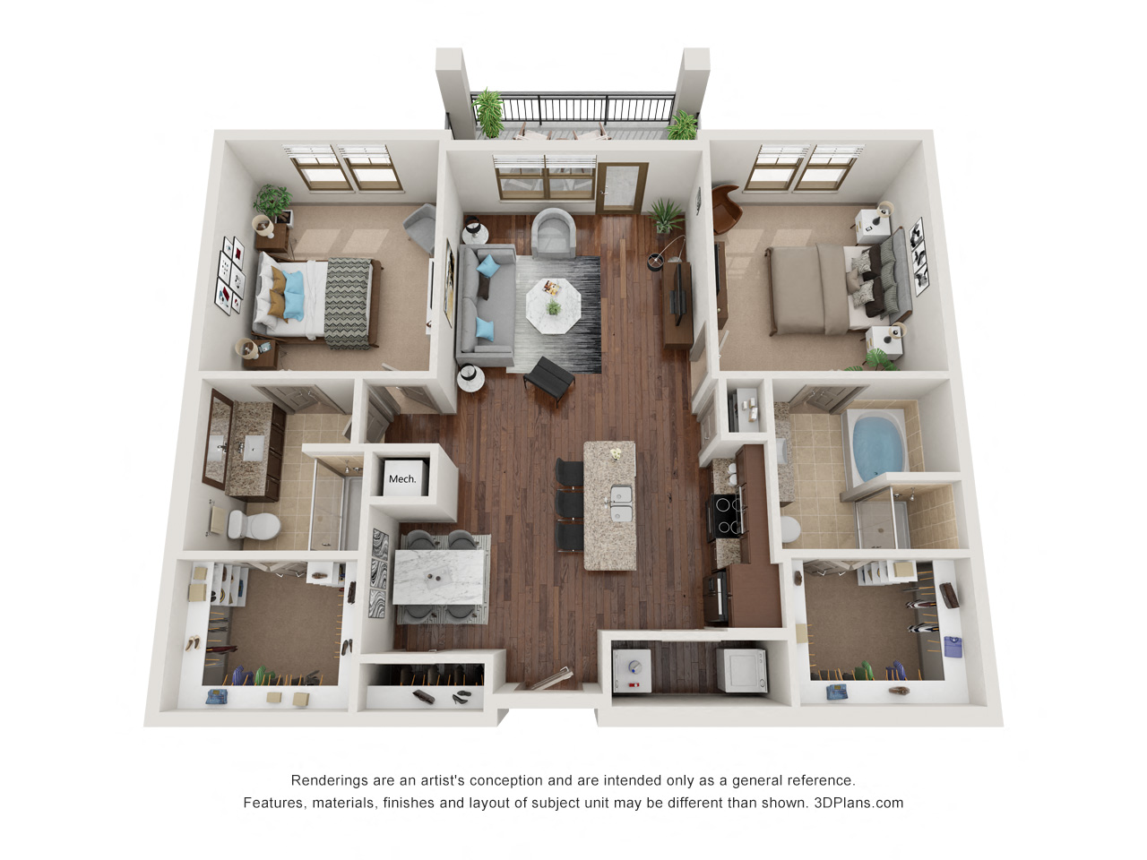 Floor plan for 2 beds, 2 baths, 1193 sqft